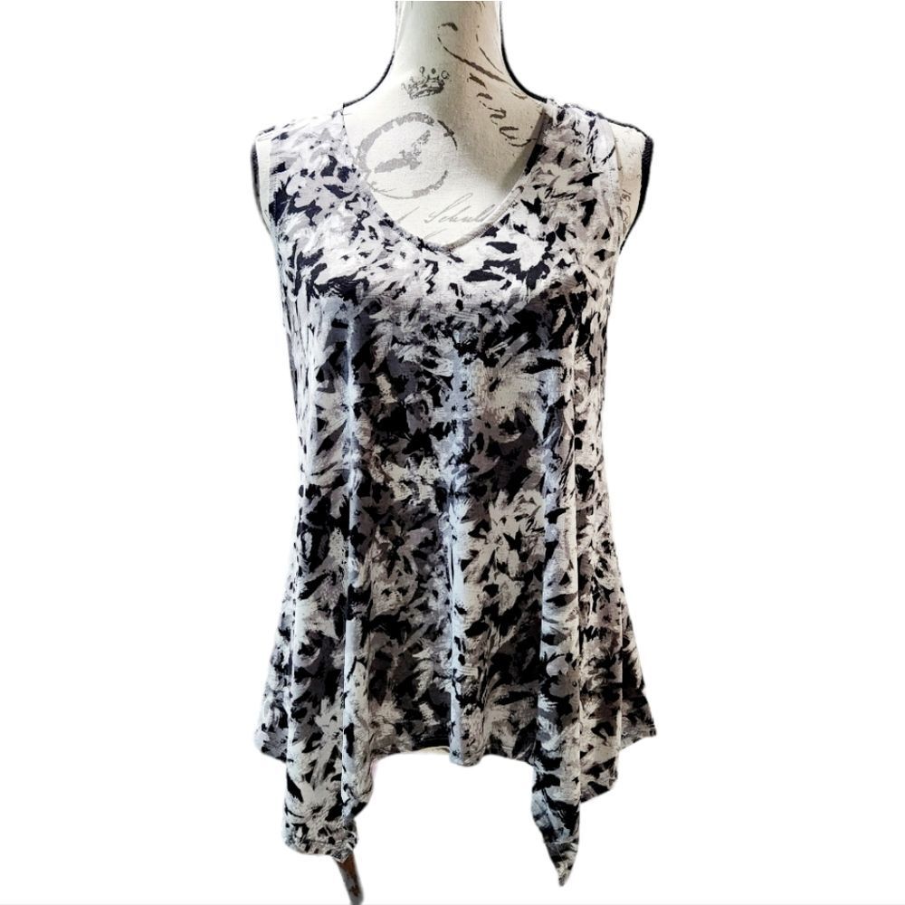 Adrianna Papell -240 sleeveless‎ draped tank blouse black grey V-neck Small